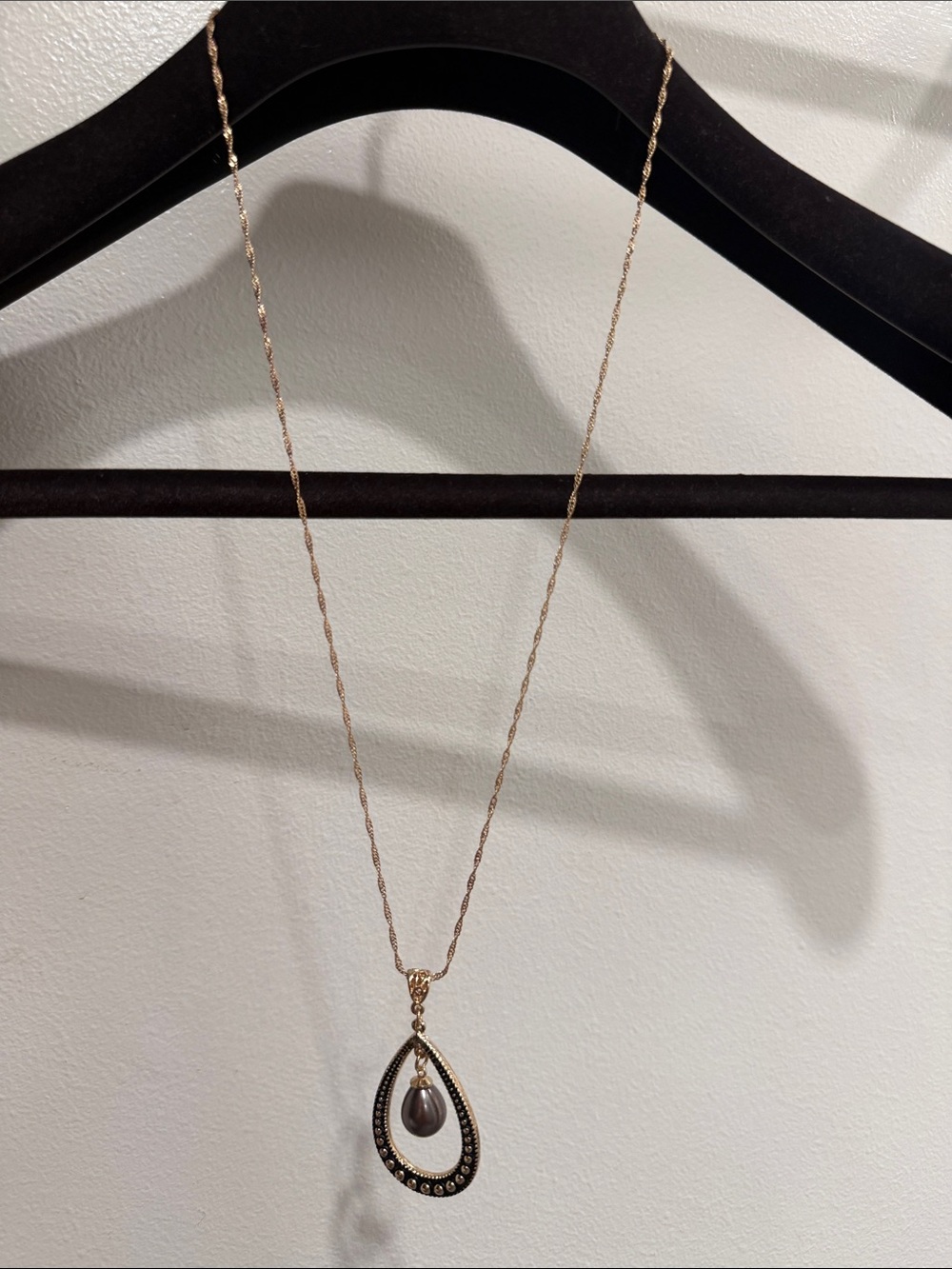 Gold Teardrop Necklace with Gray Pearl Accent